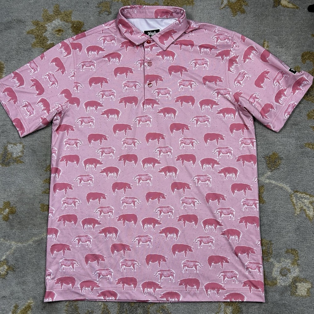 Waggle Polo Shirt Men's Large Pink Pigs All Over Print golf Performance Logo - Picture 2 of 6
